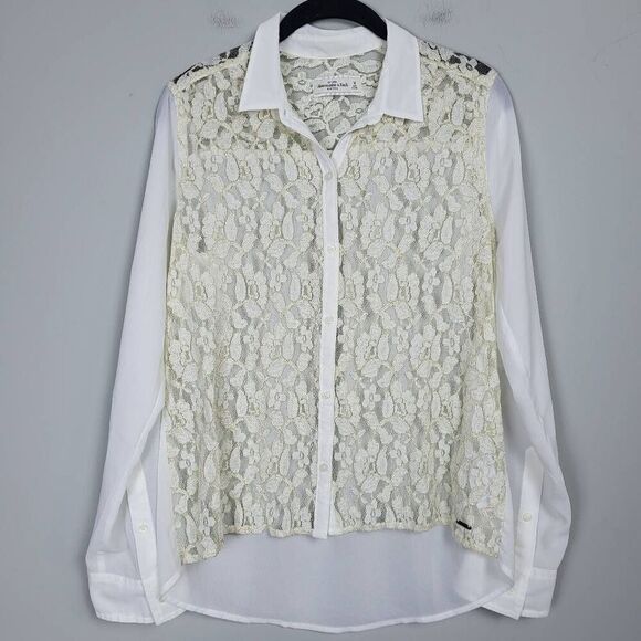 Abercrombie & Fitch Womens Medium Lace Button Up Blouse White Cream Long Sleeve - Picture 1 of 8